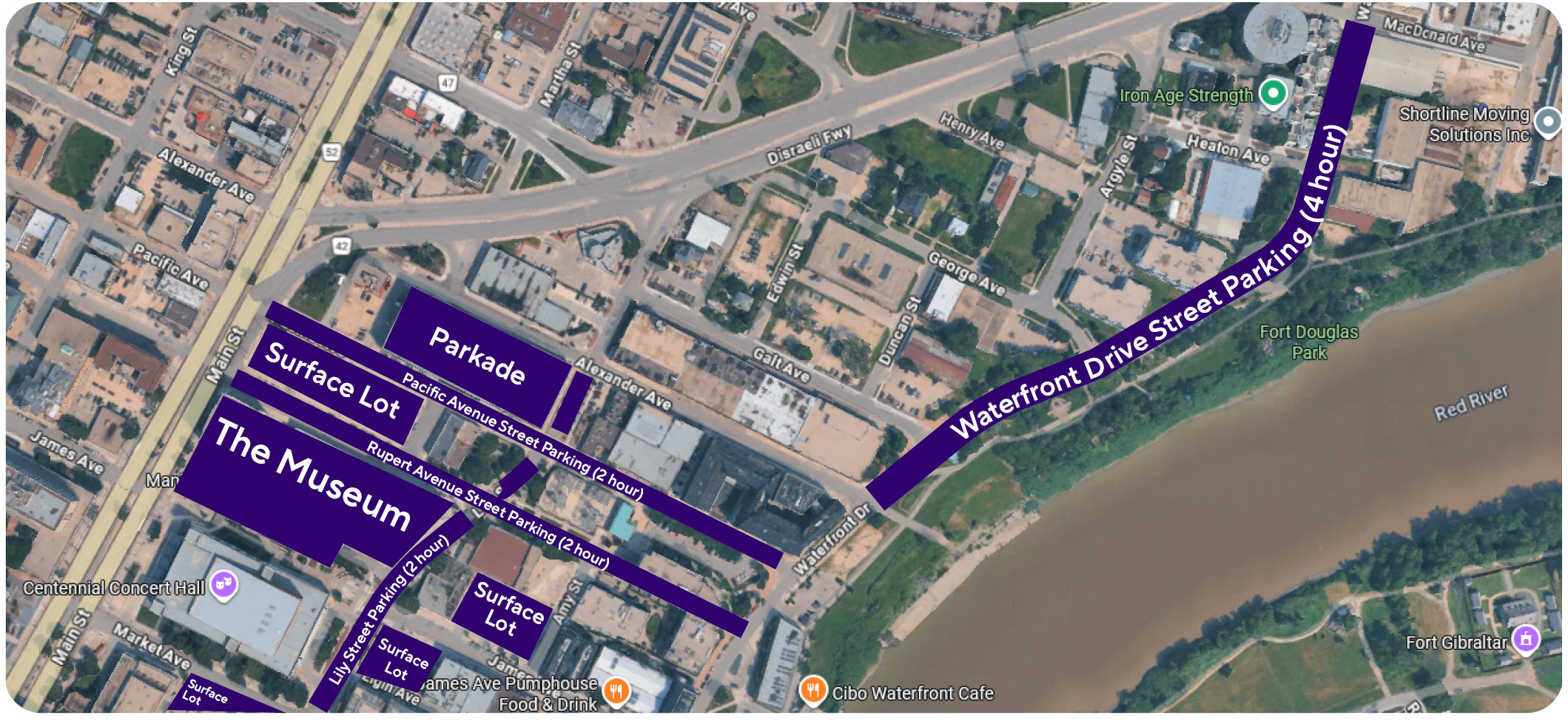 map pointing out surface lots, street parking, and parkade